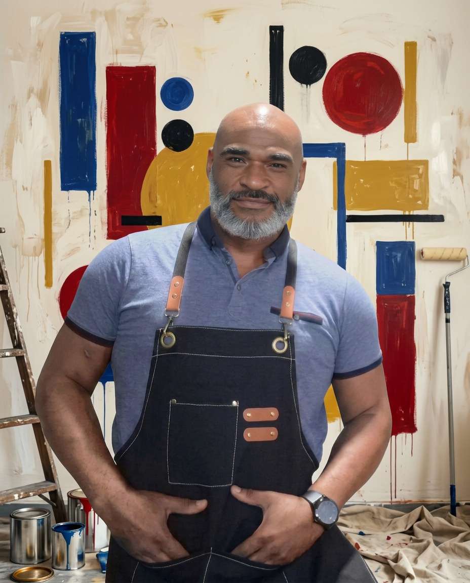 Junior, the mural artist, in a blue polo shirt and dark apron standing in a painterly studio with paint cans, a ladder, and bold Bauhaus shapes on the wall behind him