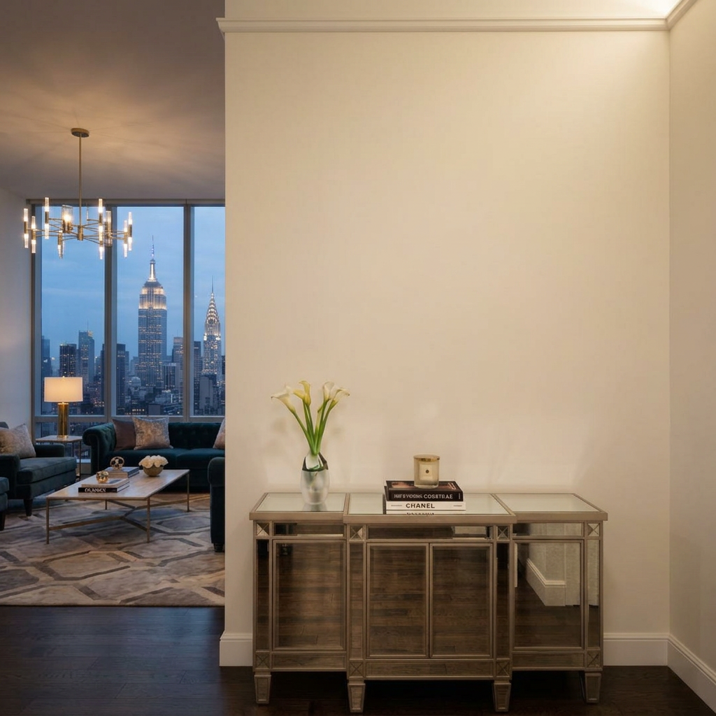 Blank cream living room wall with a mirrored console before the mural
