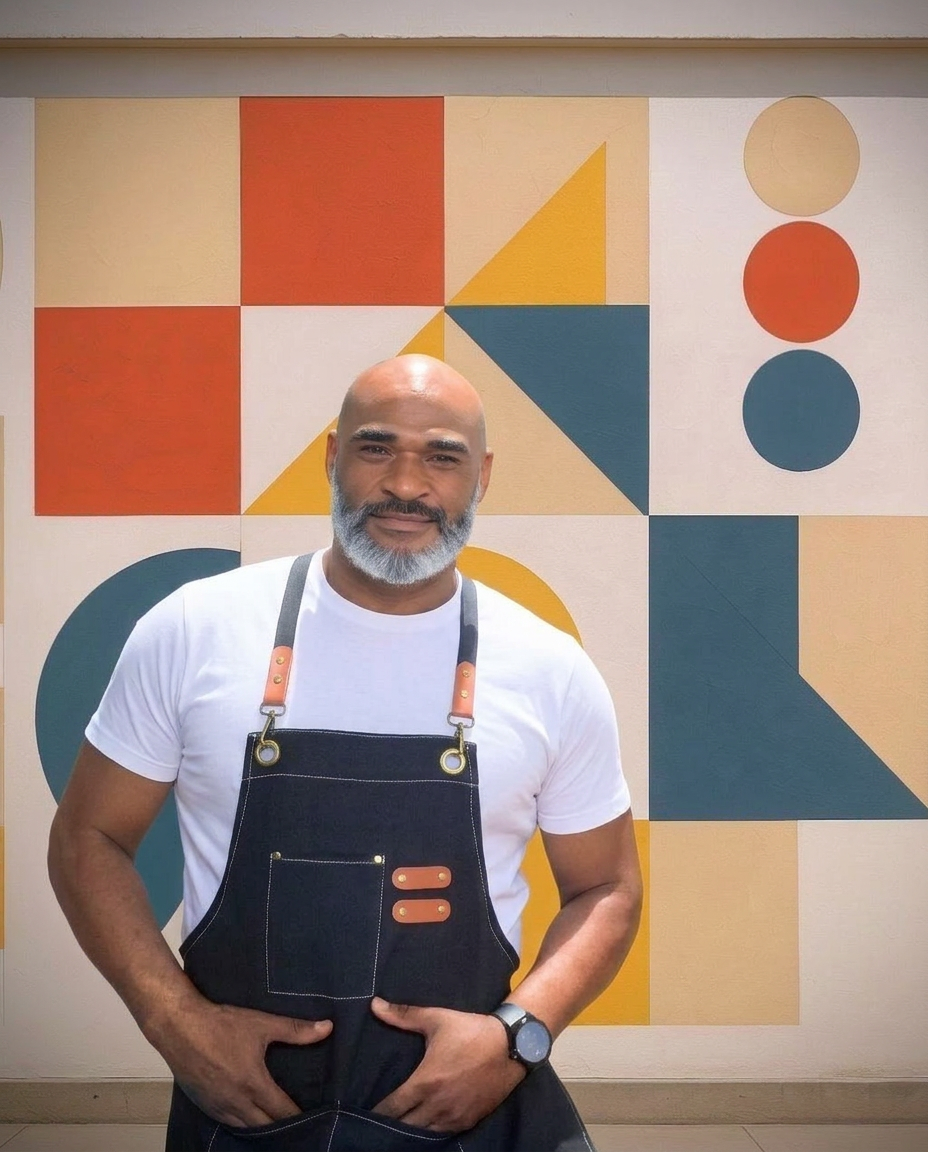 Junior sonriendo con polo azul y delantal oscuro con correas de cuero, de pie frente a un gran mural geométrico Bauhaus con cuadrados, triángulos y círculos