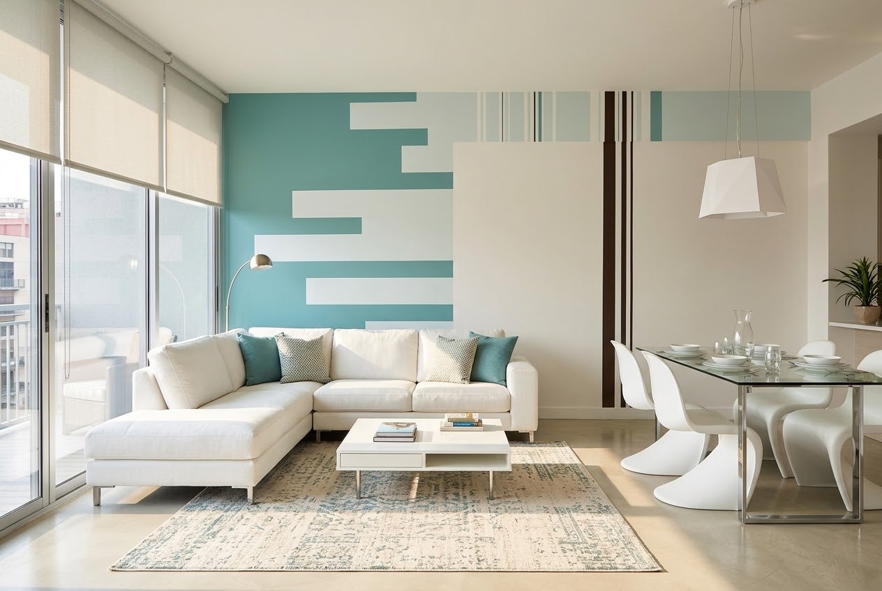 Same living room painted with a teal and mint geometric mural with brown vertical stripes behind a white sectional sofa
