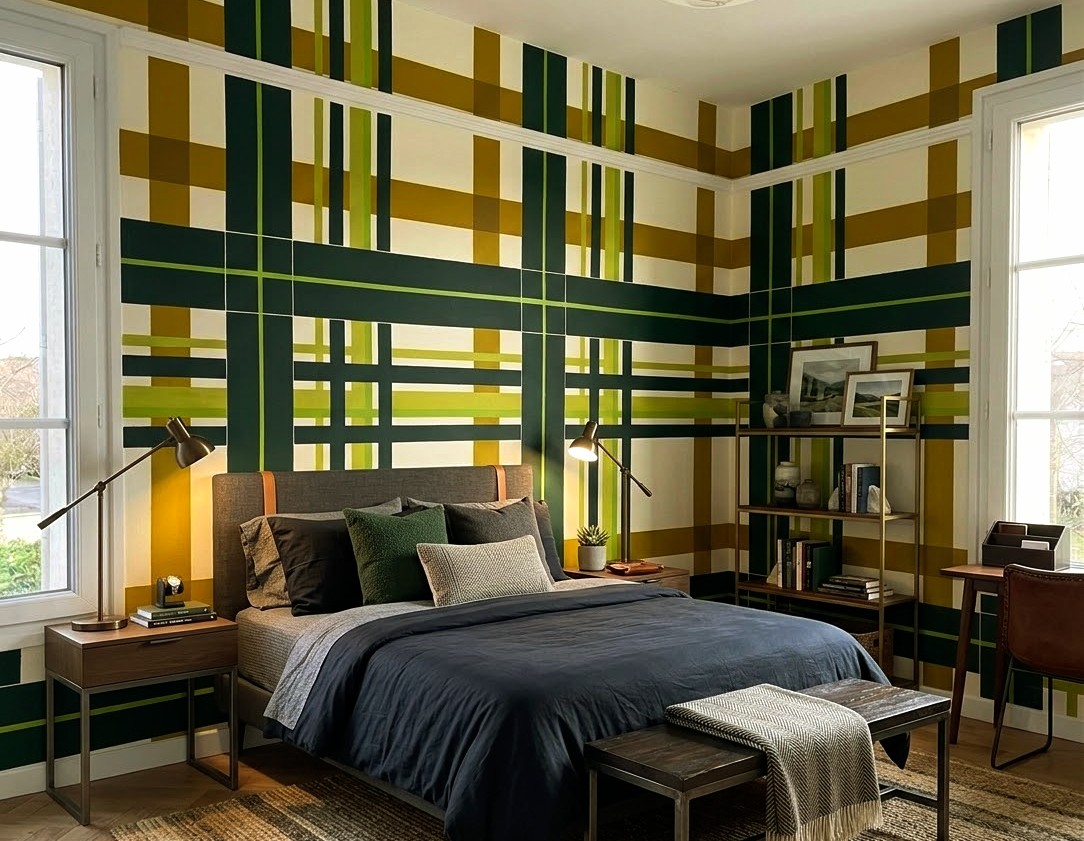 Same bedroom with walls painted in a green, olive and cream plaid geometric mural