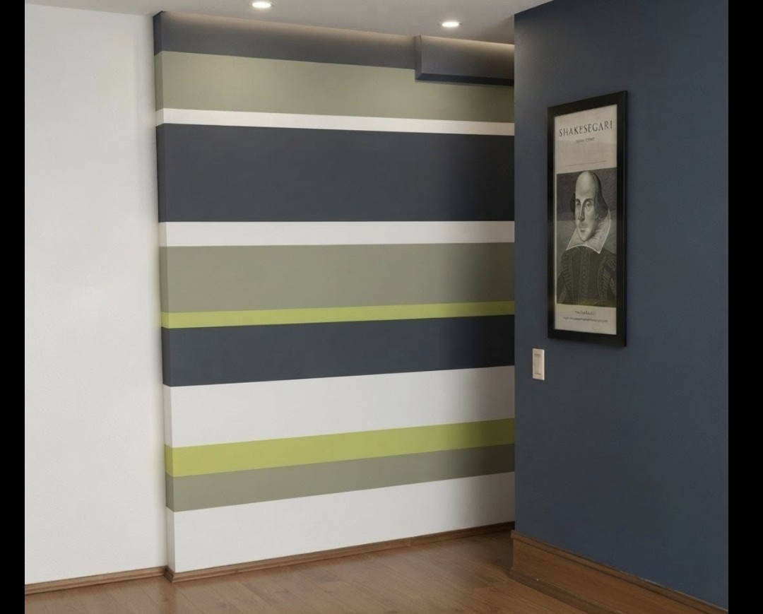 Same wall painted with bold horizontal stripes in gray, olive, white and lime green