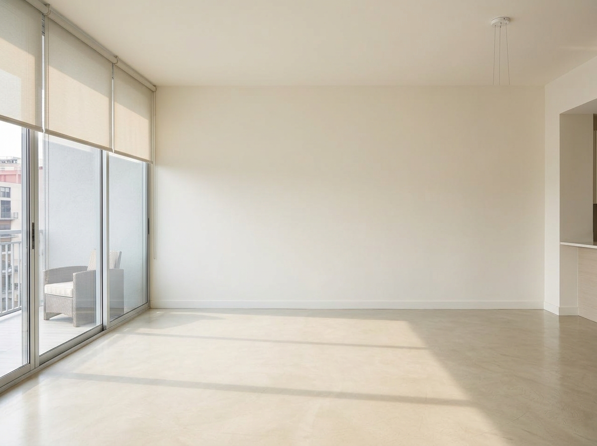 Empty living and dining room with plain off-white walls before the mural