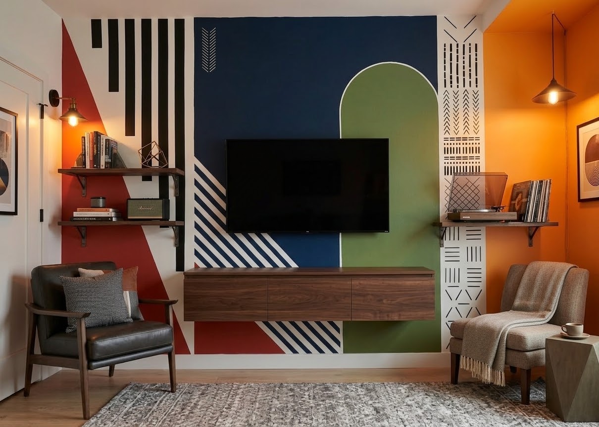 Same living room furnished and painted with a bold geometric mural in navy, red, green, orange and yellow with black mudcloth accents