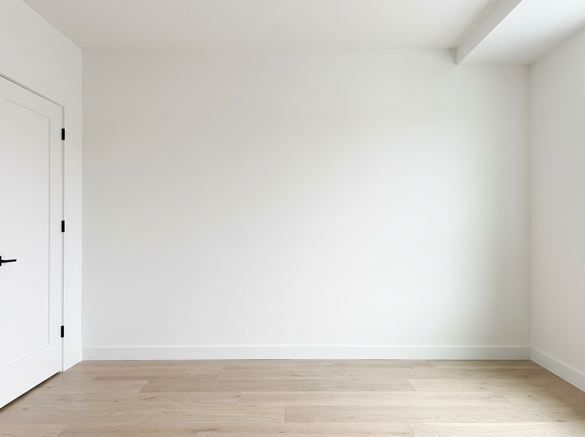 Empty living room with plain white walls and no furniture before the mural
