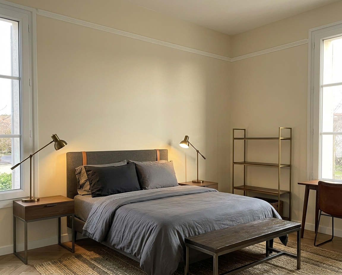 Bedroom with plain sandy-white walls and simple bedding before the mural