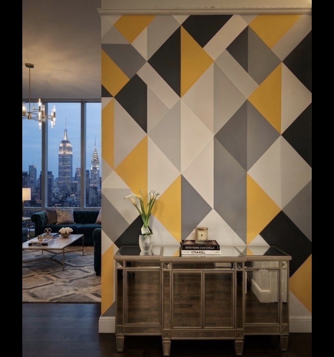 Same wall painted with a bold geometric mural in mustard yellow, black, gray and cream triangles
