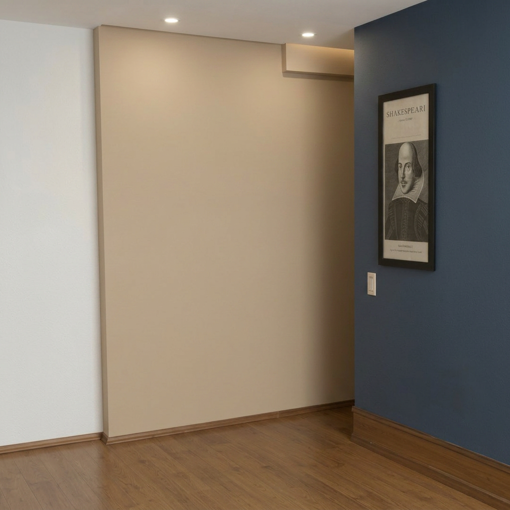 Plain beige painted wall in a student apartment corner before the mural