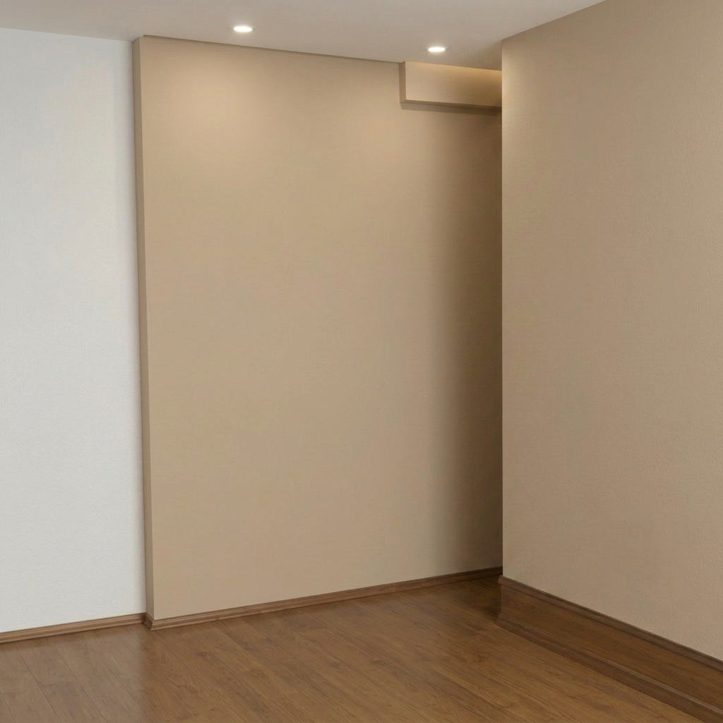 Plain beige painted wall in a student apartment corner before the mural