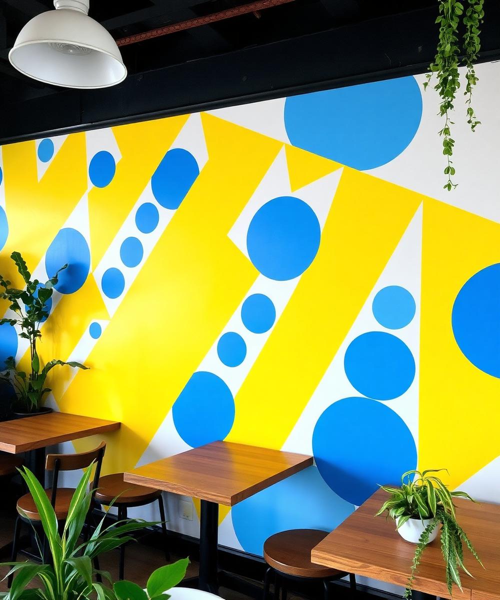 Café wall covered in yellow and blue geometric mural