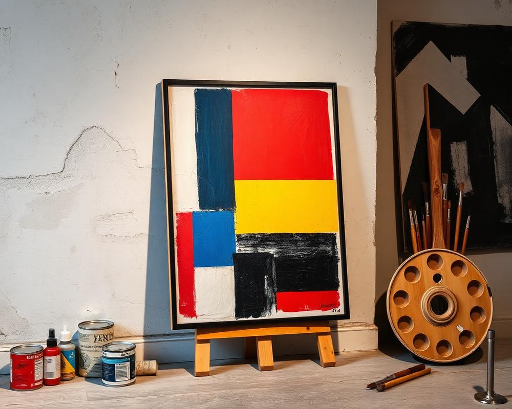 Framed geometric painting in the studio